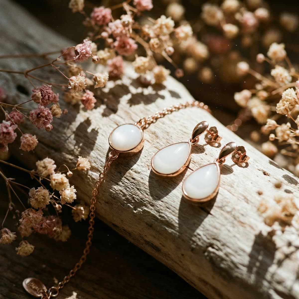Elegantes Schmuckset als Erinnerung ans Abstillen: roségoldene Kette und passende Tropfen-Ohrringe mit milchig-weißen Steinen auf hellem Holz, umrahmt von zarten Trockenblumen.