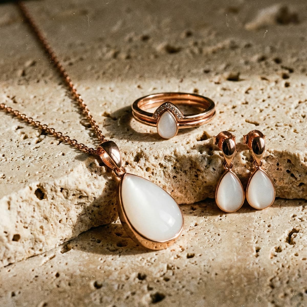 Elegantes Schmuckset aus Roségold mit tropfenförmigem Milchstein-Anhänger, Ring und Ohrhängern auf Naturstein – personalisiertes Stillzeit-Keepsake als Andenken an die Mutterschaft.