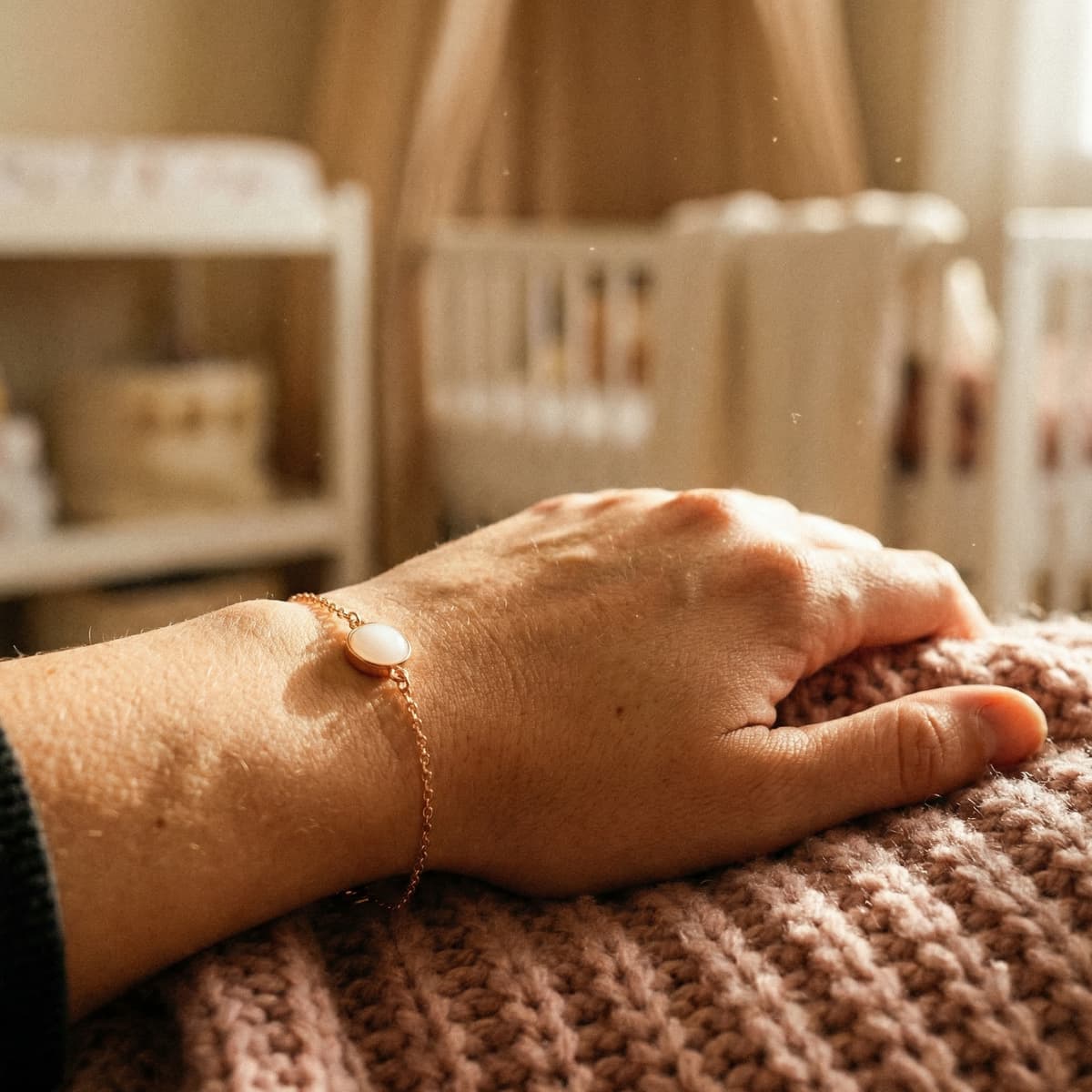 Eine Hand trägt ein zartes roségoldenes Armband aus Muttermilch mit ovalem, milchig-weißem Stein, fotografiert im warmen Schlafzimmerlicht vor einem unscharfen Babybett.