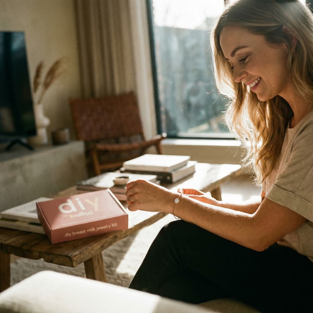 Glückliche Mutter bastelt zu Hause mit dem DIY by MILKIES Set und fertigt privat ein Armband aus Muttermilch als persönliches Erinnerungsstück – bequemes At-home Kit für selbstgemachte Schmuckkeepsakes.