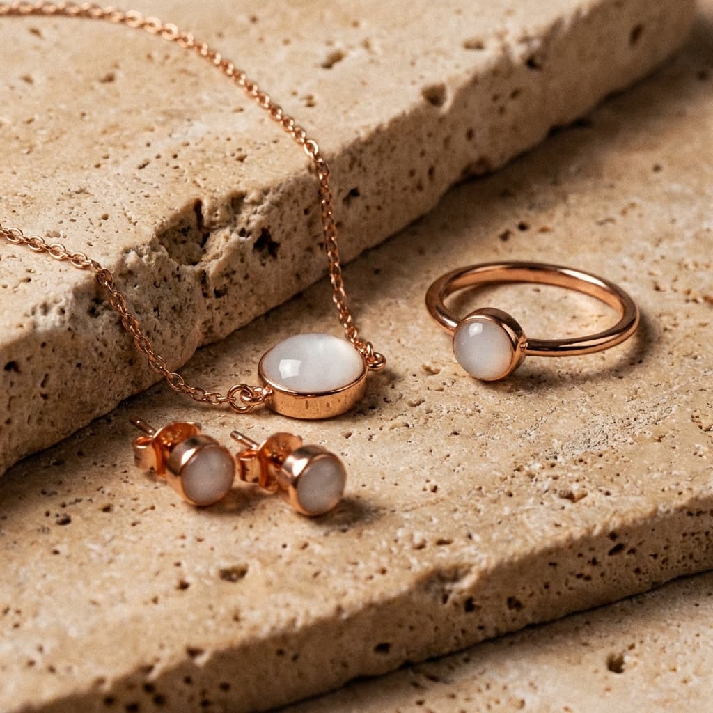 Roségoldfarbener Schmuck mit milchig-weißem Stein (Ring, Ohrstecker und Kette) auf Naturstein arrangiert, ideal als DIY Kit Muttermilch Armband und für personalisierte Muttermilch-Schmuckstücke.