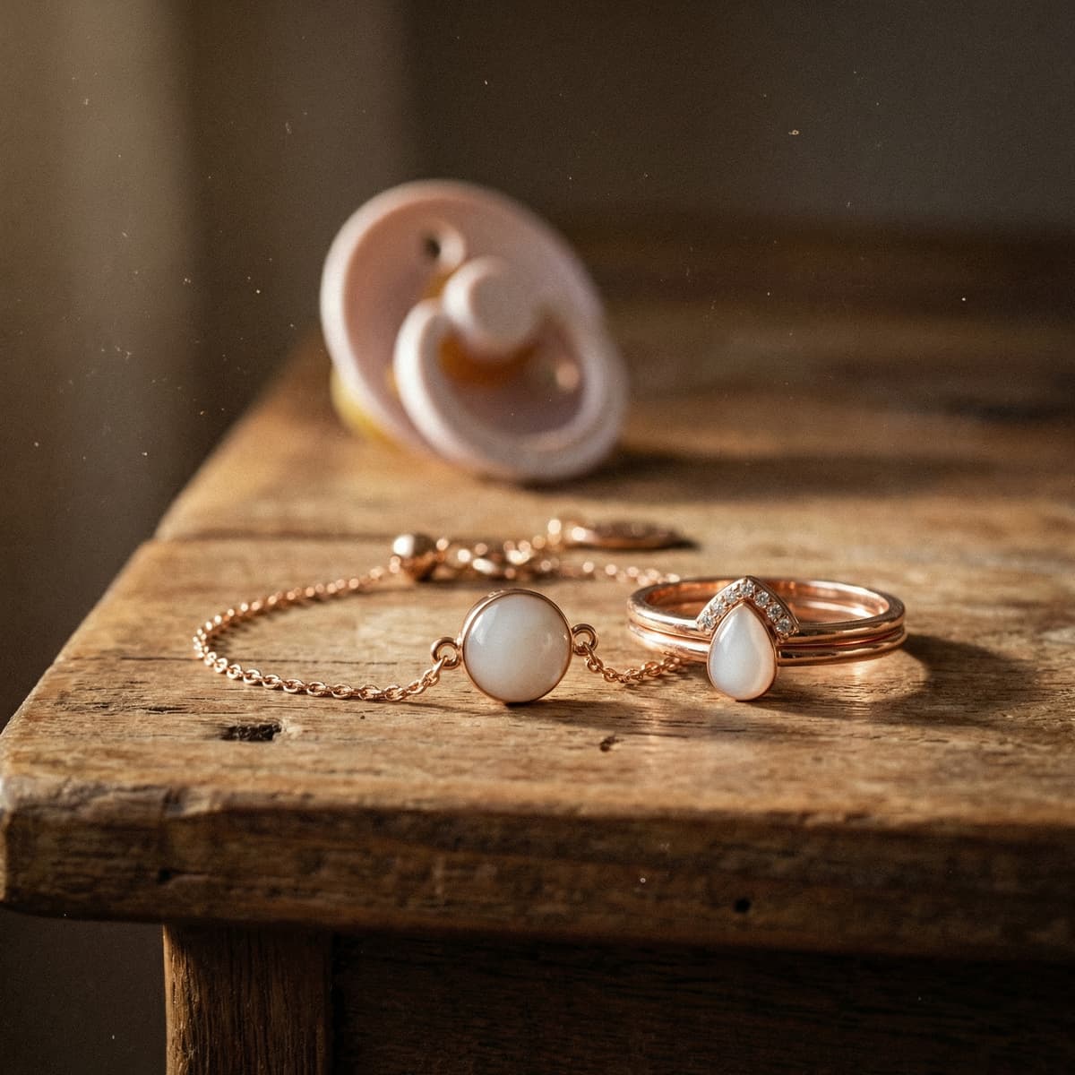 Roségoldenes Set für diy muttermilchschmuck mit Armband und Ring, milchig-weiße Resin-Steine auf rustikalem Holztisch, im Hintergrund ein weicher Schnuller