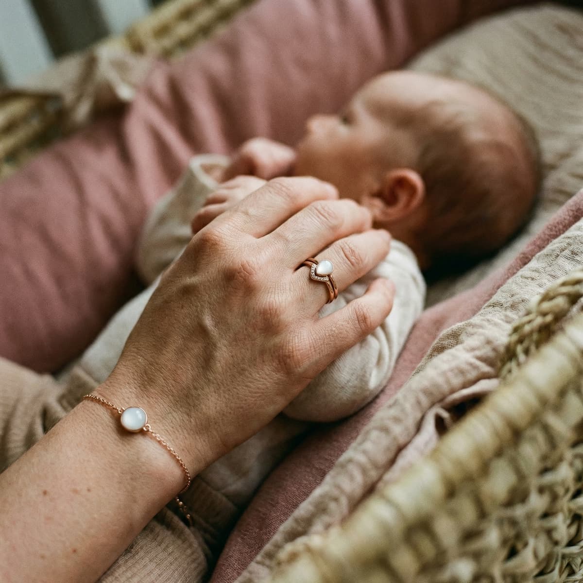 Hand einer Mutter wiegt ein Baby im Korb und trägt Ring sowie Armband mit milchig-weißem Stein – zarter diy muttermilchschmuck als persönliches Erinnerungsstück.