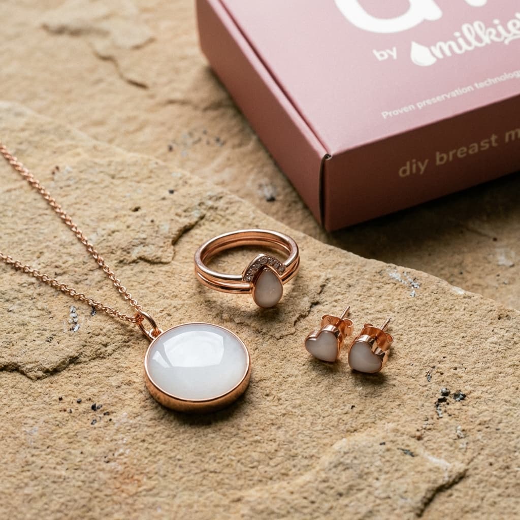 Roségoldene Schmuckstücke als diy muttermilchschmuck: runder Anhänger an Kette, Ring mit milchig-weißem Stein und Herz-Ohrstecker neben einer DIY by MILKIES Kit-Box auf Naturstein arrangiert.