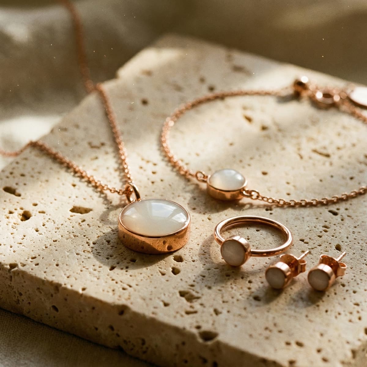 Elegantes roségoldfarbenes Schmuck-Set mit Halskette, Armband, Ring und Ohrsteckern mit milchig-weißem Stein als Beispiel für ein DIY Set für Muttermilchschmuck auf hellem Naturstein im warmen Licht