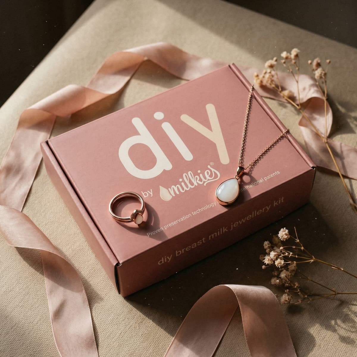 Stilvolles Geschenk für stillende Mütter: DIY by MILKIES Brustmilch-Schmuckset in rosa Box mit Ring und Kette, verziert mit Satinband und Trockenblumen.