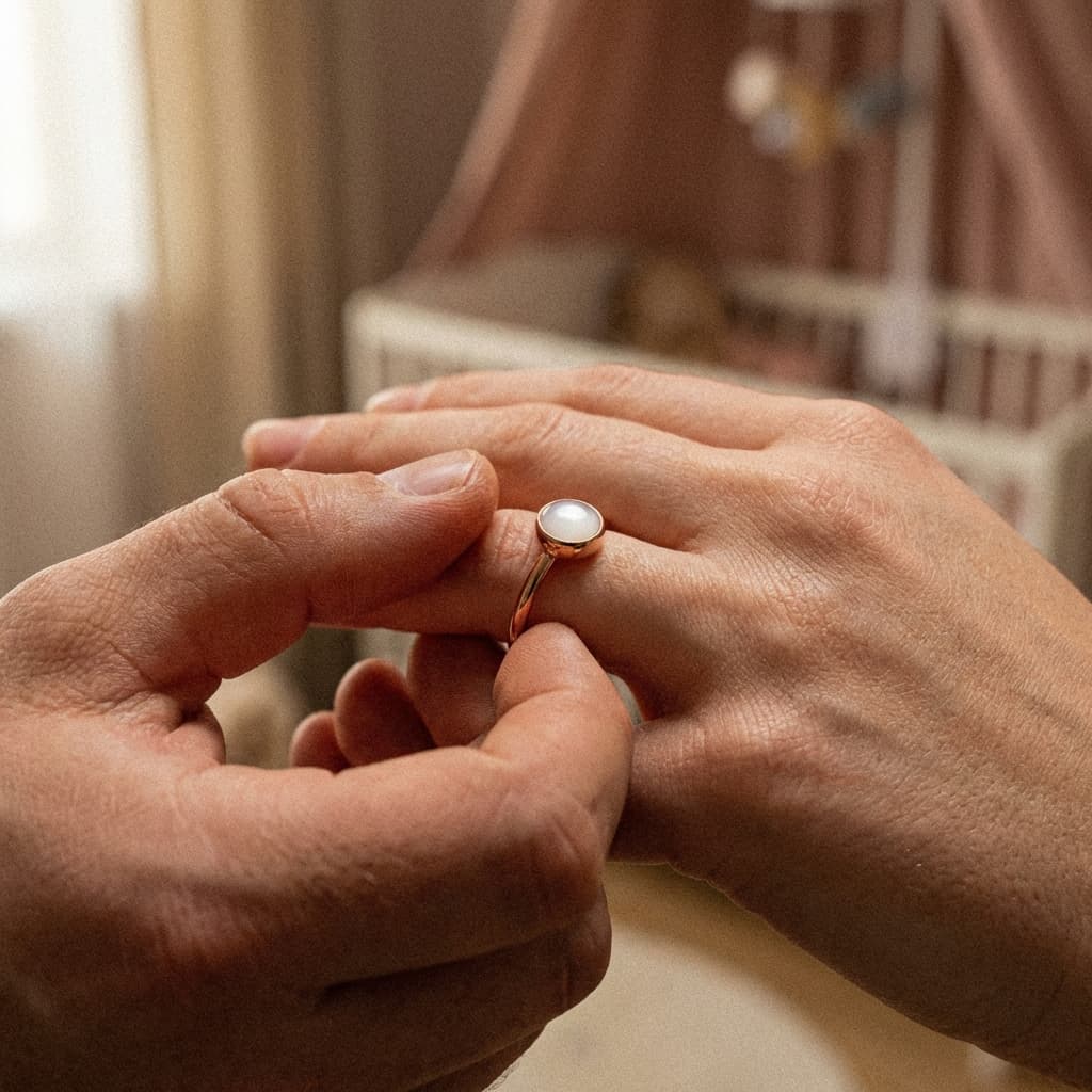 Nahaufnahme von Händen, die einen zarten goldenen Ring mit milchig-weißem Stein anstecken – ein persönliches Geschenk zur Entbindung in warmem, gemütlichem Licht.