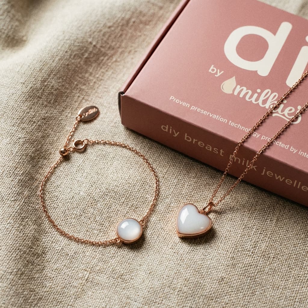 DIY by MILKIES Set als elegantes Geschenk zur Entbindung in roséfarbener Box mit herzförmiger Halskette und filigranem Armband in Roségold auf Stoffuntergrund.