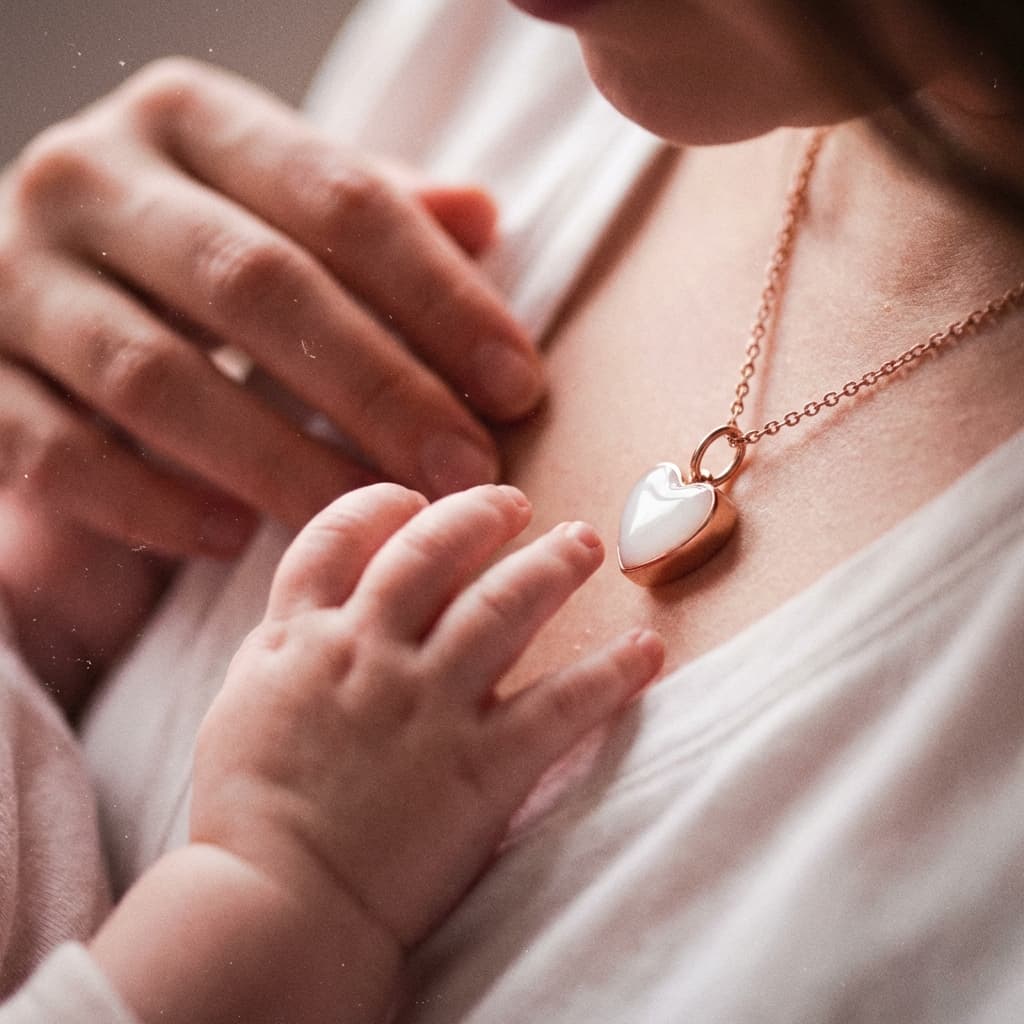 Nahaufnahme einer Mutter mit Babyhand auf der Brust, die eine zarte kette muttermilch mit herzförmigem Anhänger an einer roségoldenen Kette trägt.