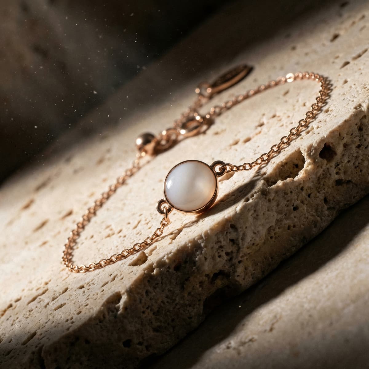 Elegantes Roségold-Armband mit rundem, milchig-weißem Harzanhänger auf Naturstein – Beispiel für ein Muttermilch Armband Bastelset für personalisierten Erinnerungsschmuck.