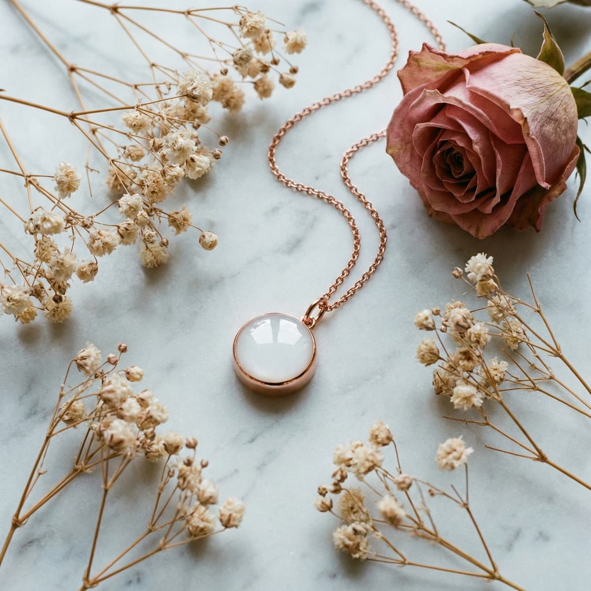 Roségoldene Kette mit rundem milchig-weißem Anhänger als Muttermilch Erinnerung, auf Marmor neben rosa Rose und zarten Trockenblumen arrangiert.