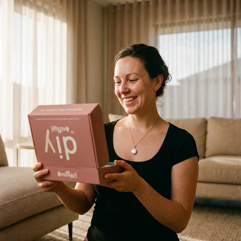 Glückliche Mutter zu Hause hält die DIY by MILKIES Box und eine runde Erinnerungskette in den Händen – warum eine muttermilch halskette DIY eine persönliche, private und einfache Möglichkeit ist, ein Still-Andenken selbst zu gestalten.