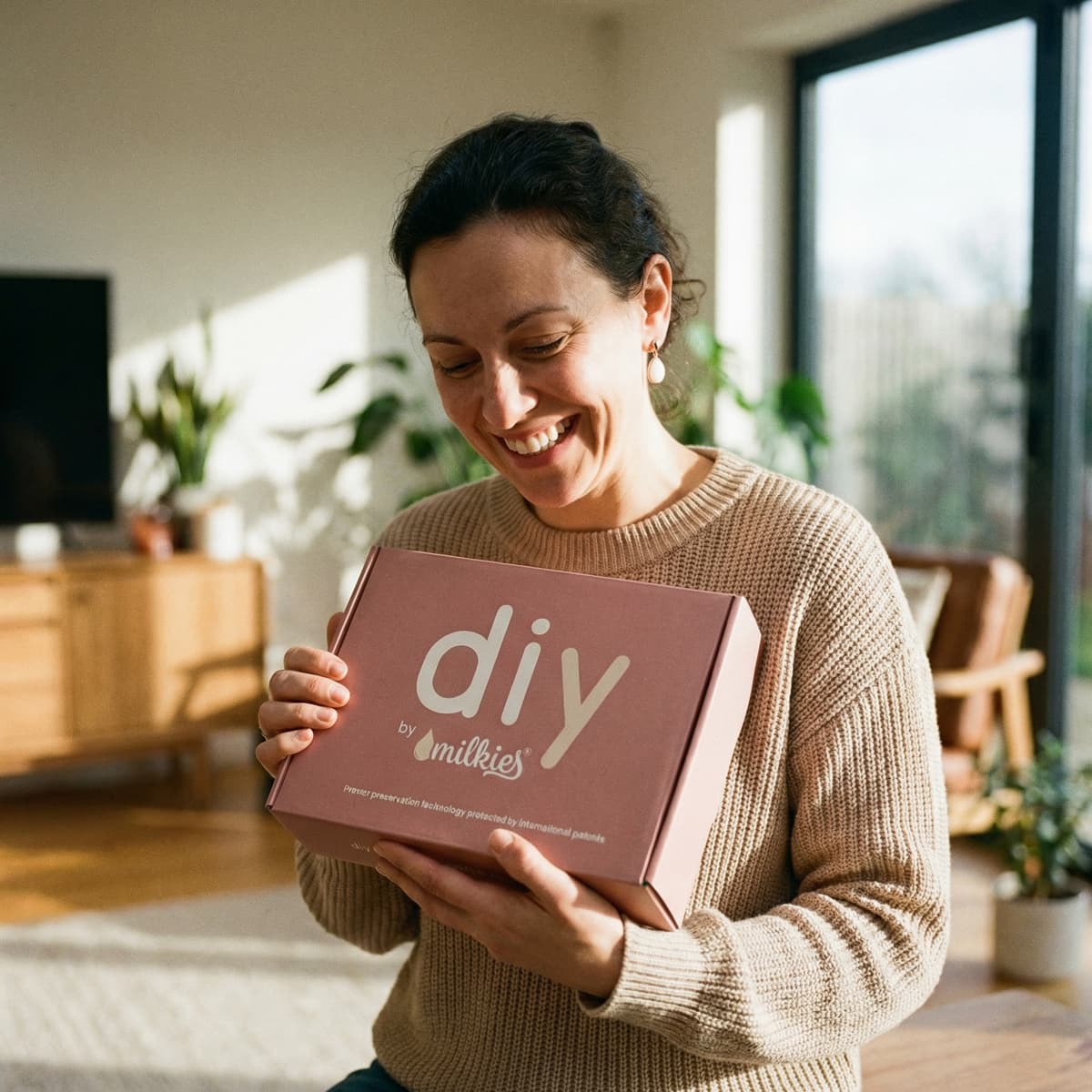 Lächelnde Mutter hält das DIY by MILKIES® Kit in den Händen – eine einfache, private Lösung für personalisierte Muttermilch Ohrstecker und andere Erinnerungsstücke, die man bequem zu Hause selbst herstellen kann.