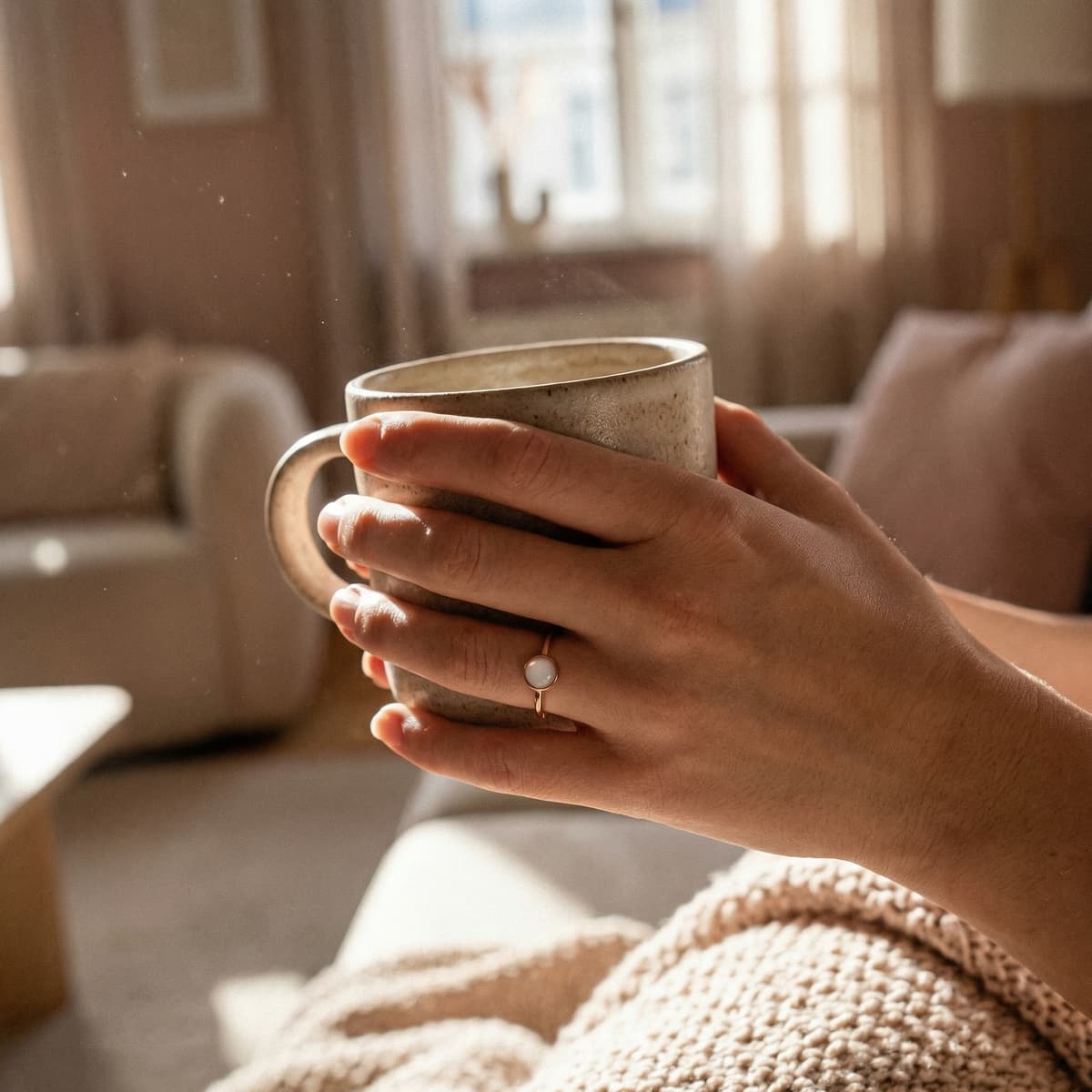 Warme Lifestyle-Aufnahme in gemütlichem Sonnenlicht: Hände halten eine Keramiktasse, am Finger ein zarter Muttermilch Ring mit milchig-weißem Stein in goldfarbener Fassung.