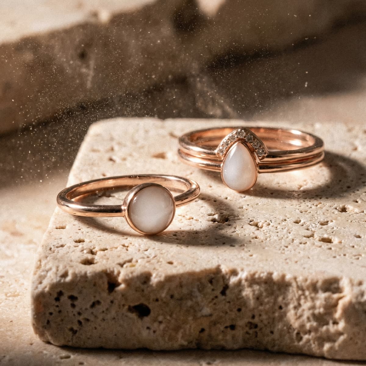 Elegante roségoldene Ringe mit milchig-weißen Steinen auf Naturstein als Inspiration, um einen Muttermilch Ring selber machen zu können – persönliches Erinnerungsstück.