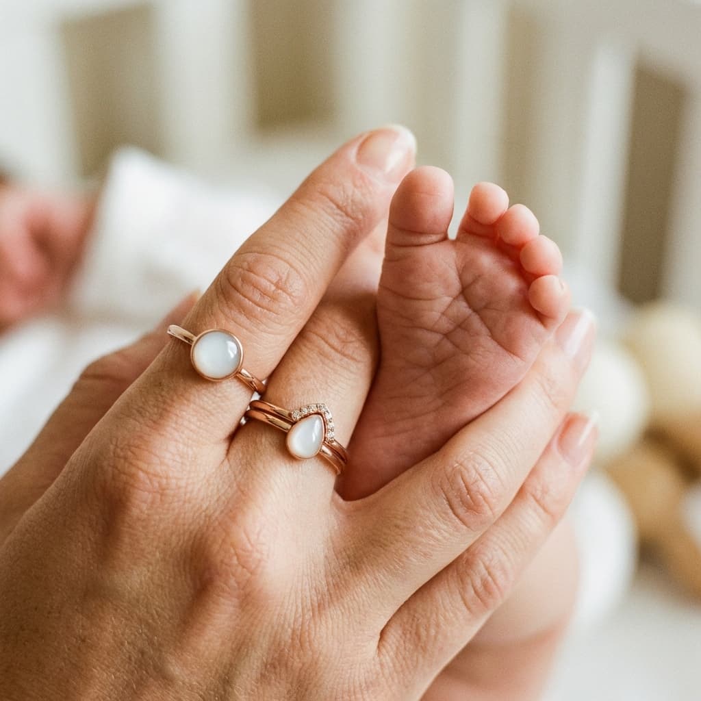 Nahaufnahme einer Mutterhand, die zarte Babyfüße hält, mit elegantem Muttermilch Schmuck: rosegoldene Ringe mit milchig-weißen Steinen.