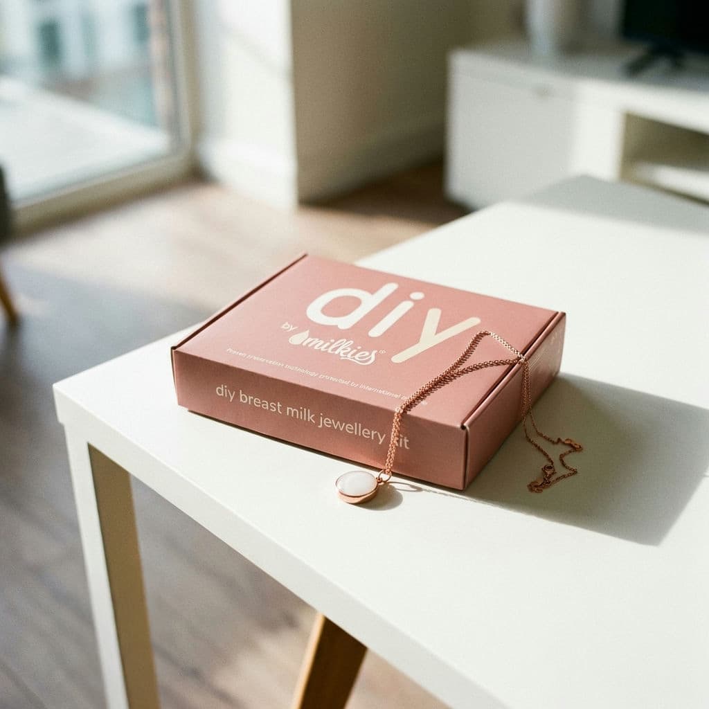 Rosafarbene DIY by MILKIES Box „diy breast milk jewellery kit“ auf weißem Tisch im Tageslicht, daneben eine goldfarbene Halskette zur Herstellung einer Muttermilchkette.