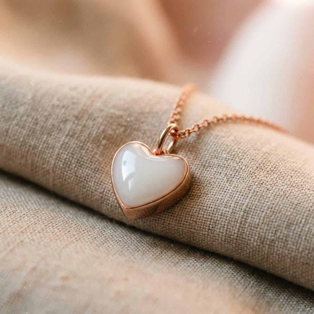 Elegante Kette mit herzförmigem, milchig-weißem Anhänger in roségoldener Fassung auf Stoffuntergrund – als Muttermilchkette DIY für ein persönliches Still-Erinnerungsstück.