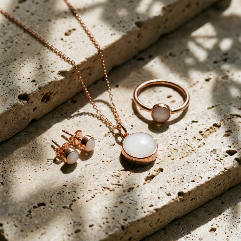 Elegantes Schmuck-Set als Muttermilchschmuck in Roségold mit Halskette, Ring und Ohrsteckern mit milchig-weißem Stein auf hellem Naturstein im Sonnenlicht.