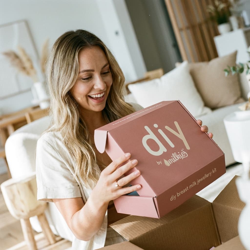 Lächelnde Mutter packt zu Hause das DIY by MILKIES Muttermilchschmuck Bastelset aus – ein praktisches Set, um persönliche Erinnerungsstücke privat und unkompliziert selbst zu gestalten.