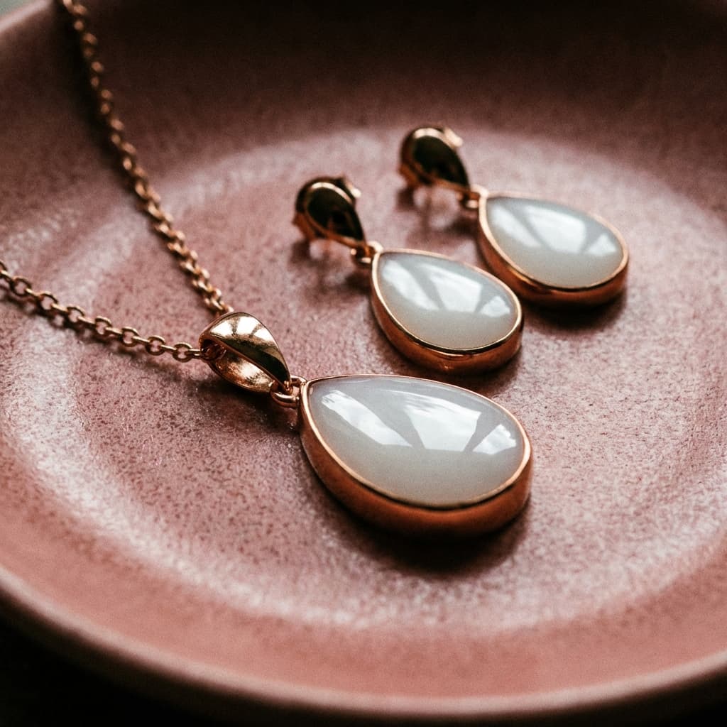 Elegantes Schmuckset aus roségoldfarbenem Tropfenanhänger an Kette und passenden Ohrringen mit milchig-weißen Cabochons – ideal als Muttermilchschmuck DIY für ein persönliches Erinnerungsstück.
