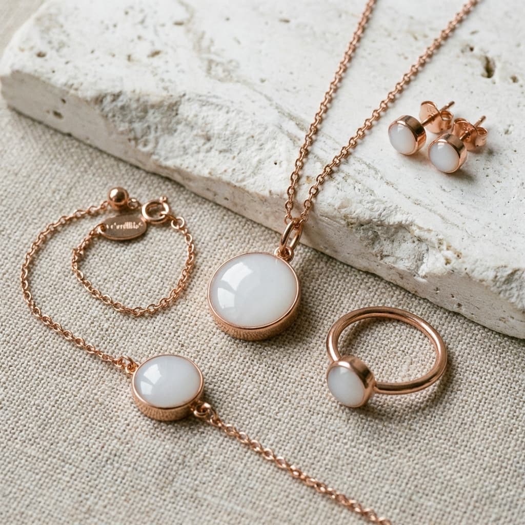 Elegantes Set aus roségoldfarbenem Muttermilchschmuck DIY mit Kette, Armband, Ring und Ohrsteckern mit milchig-weißen Cabochons auf hellem Stoff neben einer Steinplatte.