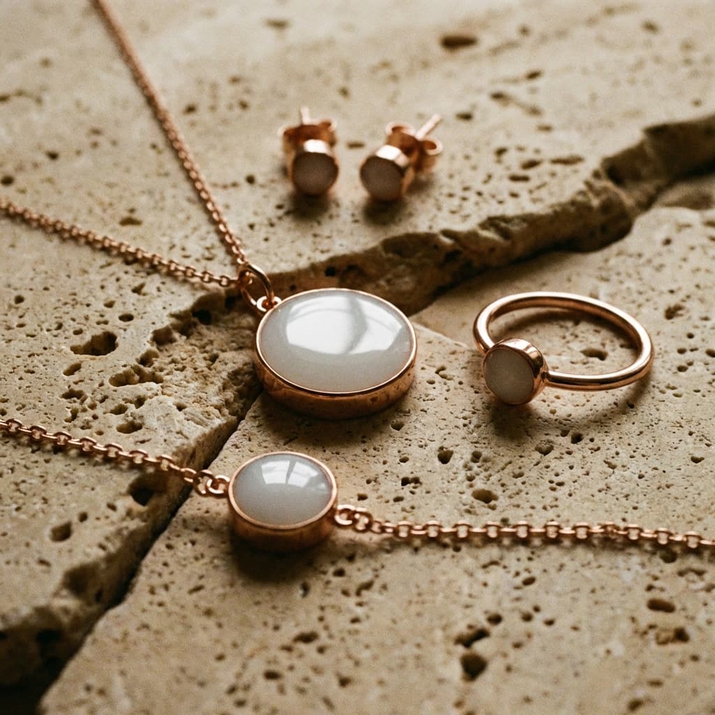 Elegantes Schmuck-Set in Roségold mit milchig-weißen Cabochons – Kette, Ring und Ohrstecker als Beispiel für ein Muttermilchschmuck DIY Kit auf strukturierter Steinoberfläche.