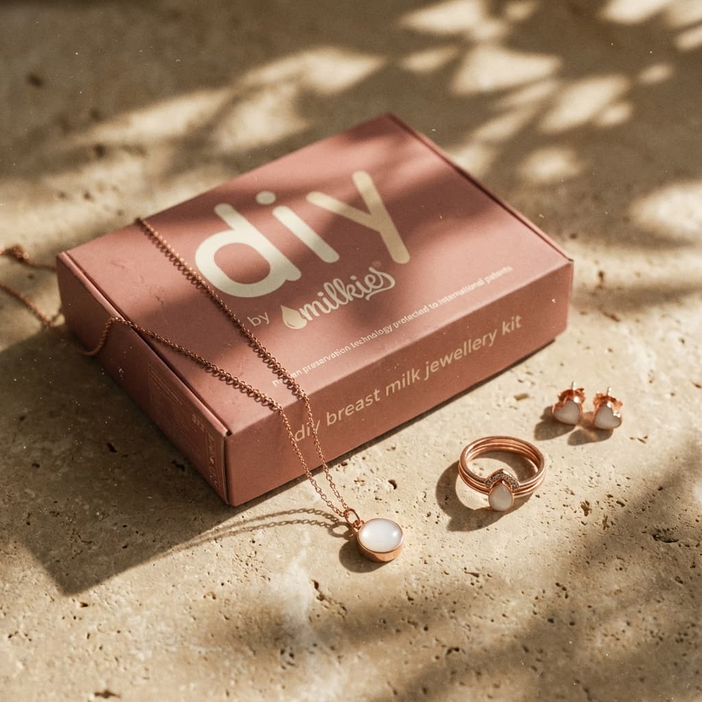 Rosafarbene „DIY by Milkies“-Box auf hellem Steinboden neben roségoldener Kette, Ring und Ohrringen mit milchig-weißem Stein – Muttermilchschmuck DIY Set für selbstgemachten Erinnerungsschmuck.