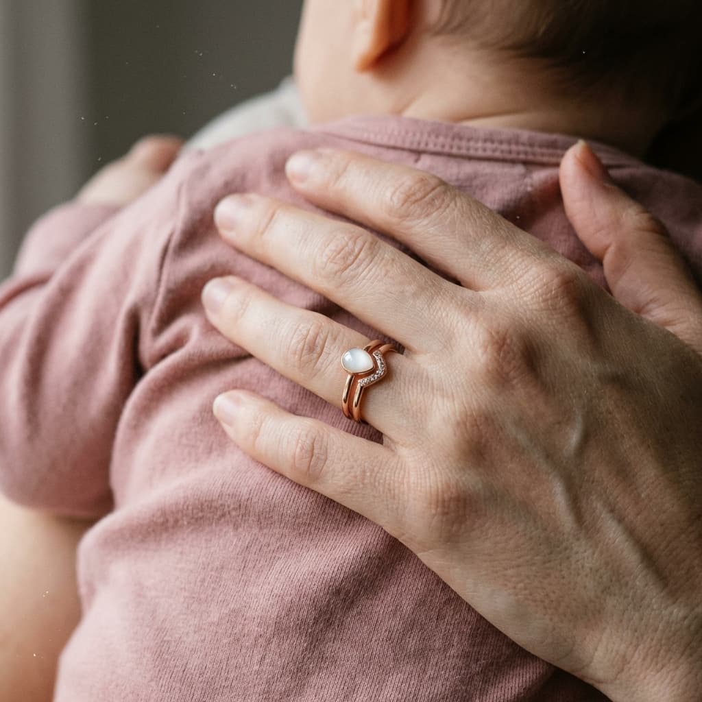 Nahaufnahme einer Mutterhand, die ein Baby im rosafarbenen Strampler hält und einen eleganten Ring mit Muttermilch als milchig-weißer Stein in roségoldener Fassung trägt.