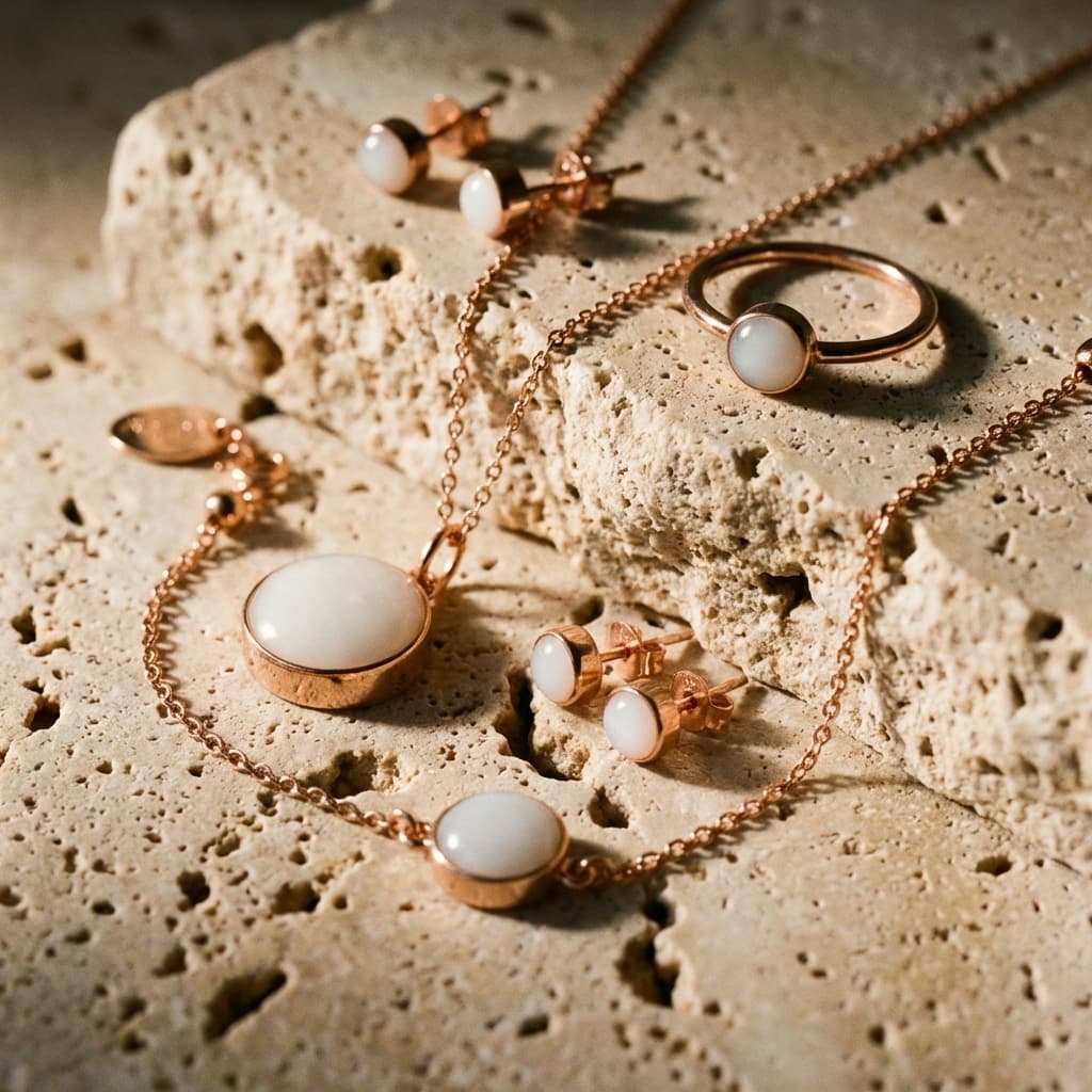 Elegantes roségoldfarbenes Set aus Schmuck aus Muttermilch mit Ring, Halskette, Armband und Ohrsteckern, milchig-weiße Steine auf hellem Naturstein arrangiert.