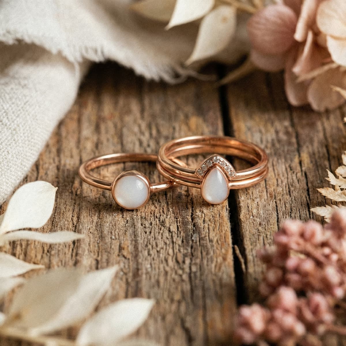 Roségoldene Ringe mit milchig-weißem Tropfen- und Rundstein auf rustikalem Holz, elegantes Erinnerungsstück aus dem Set Muttermilchring DIY von DIY by MILKIES.