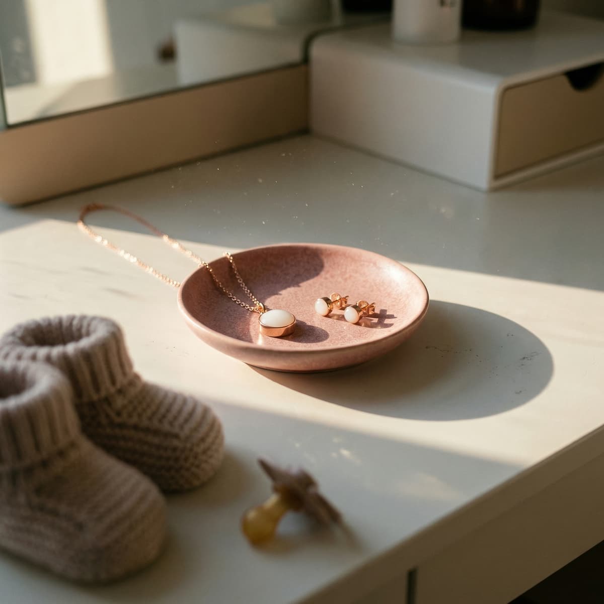 Auf einem sonnigen Tisch liegt ein rosafarbenes Schälchen mit zarter Halskette und Ohrsteckern als Stillandenken, daneben gestrickte Babysöckchen und ein Schnuller.