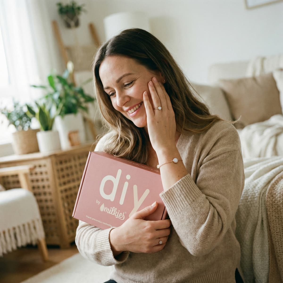 Glückliche Mutter hält das DIY by MILKIES Kit zu Hause und zeigt, warum es ideal ist, persönliche Stillandenken privat und selbst zu gestalten.