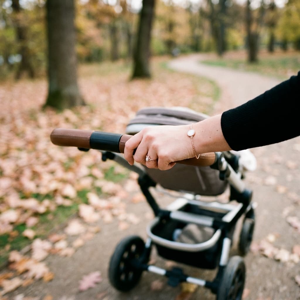 Hand einer Mutter am Kinderwagen mit zartem Armband als Stillschmuck bei einem Spaziergang im herbstlichen Park