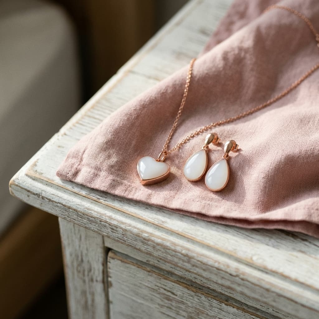 Roségoldfarbene Halskette mit Herzanhänger und passende Tropfen-Ohrringe auf rosa Stoff, elegantes Ergebnis aus einem DIY Set für Muttermilchschmuck als persönliches Erinnerungsstück.