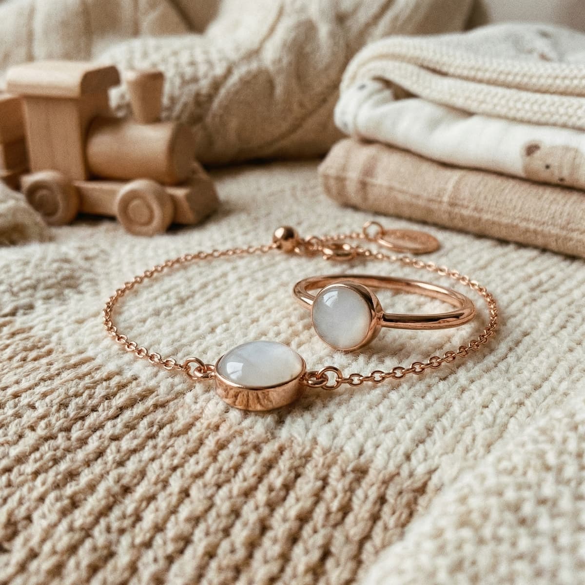 Edles Geschenk für frischgebackene Mama: zartes roségoldenes Armband und Ring mit milchig-weißen Cabochon-Steinen auf kuscheliger Babydecke, neben Babykleidung und Holzspielzeug.