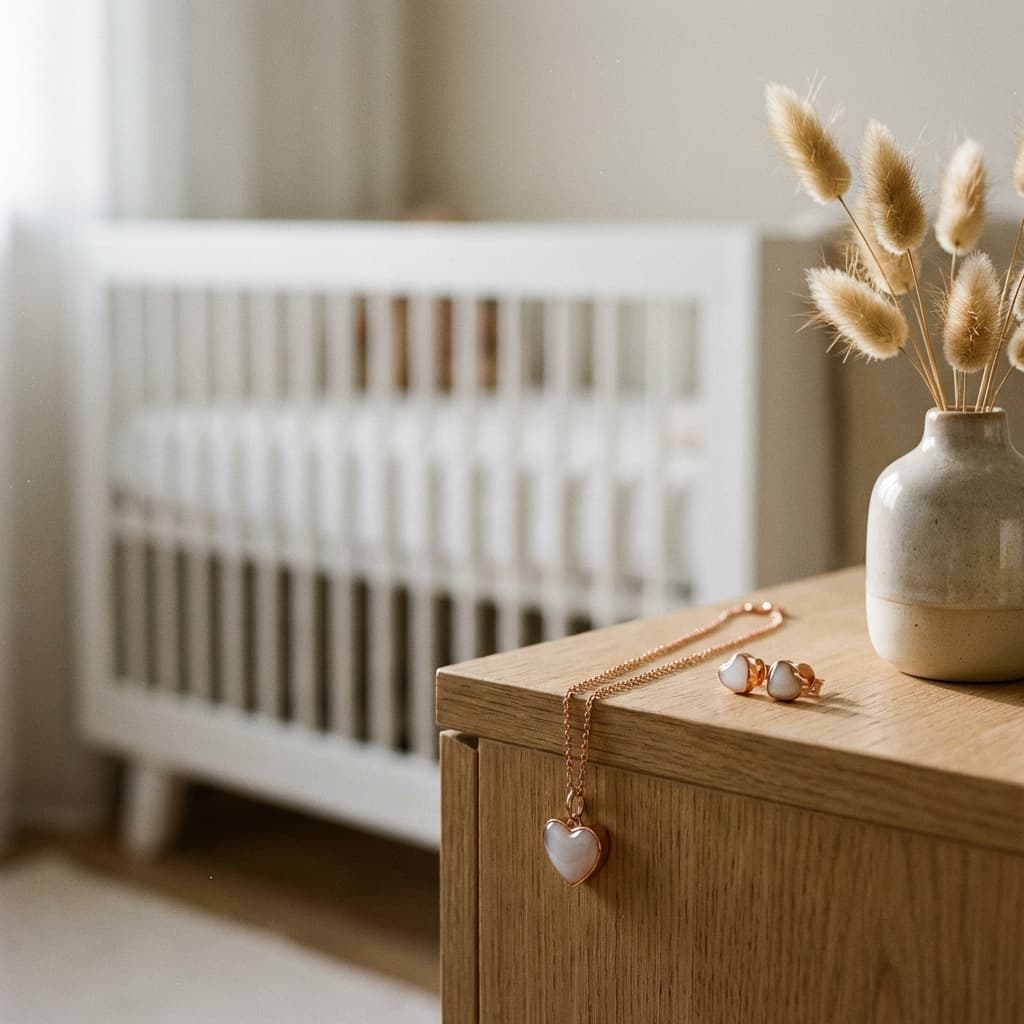 Stimmungsvolles Kinderzimmer mit weißem Babybett; auf einem Holztisch liegen eine Herz-Halskette und passende Ohrringe – inspiriert von einem muttermilch schmuck selber machen set für persönliche Erinnerungsstücke.
