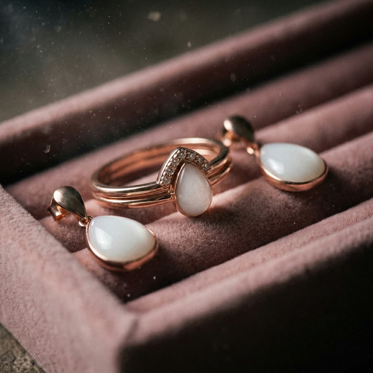 Elegantes Roségold-Schmuckset aus Ring und Ohrringen mit milchig-weißen Tropfensteinen in rosa Schmuckschatulle – inspiriert von Muttermilchschmuck selbst machen diy als persönliches DIY-Andenken.