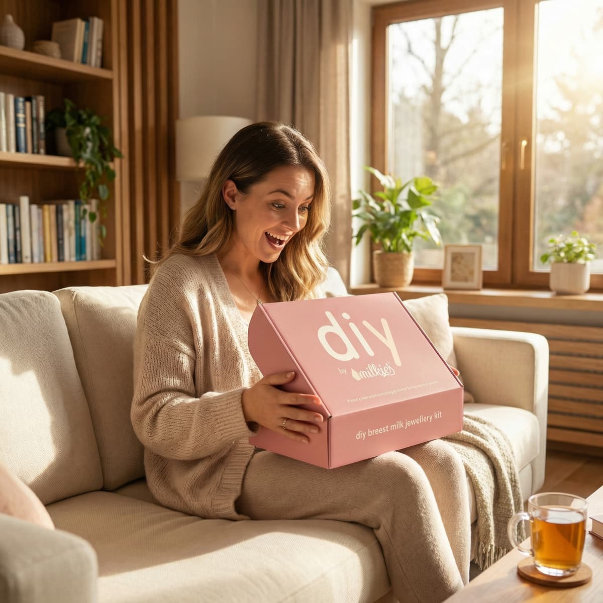 Begeisterte Frau auf dem Sofa öffnet die rosa DIY by MILKIES Box mit einem Set für Muttermilch Ohrringe und weiteren Erinnerungsstücken – ideal, um Schmuck privat und einfach zu Hause selbst herzustellen.